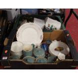 Two boxes of miscellaneous items, to include Denby stoneware pottery tablewares, modern Leeds