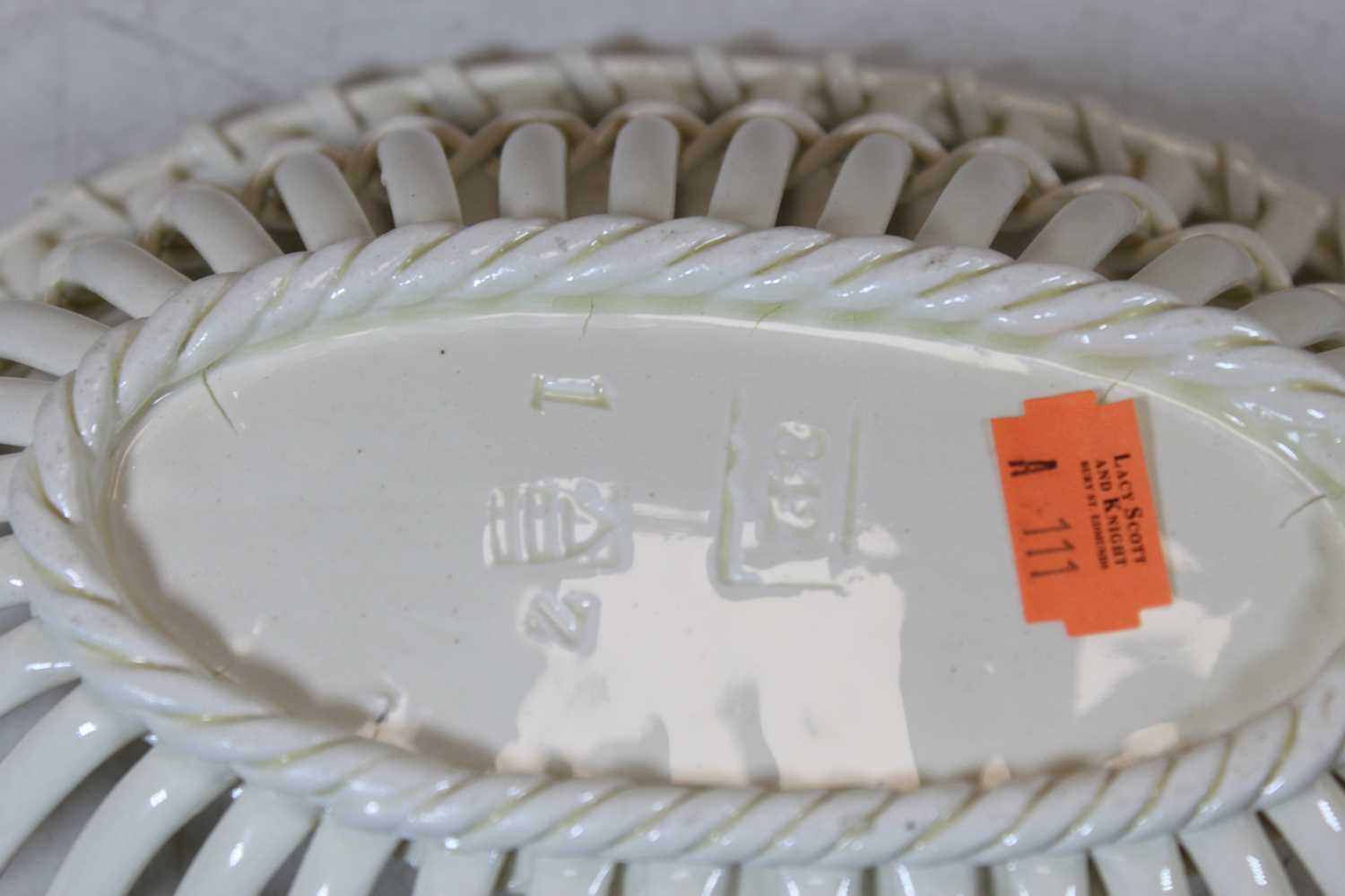 A 19th century cream ware basket with ropetwist border and impressed weave centre, beehive mark to - Image 4 of 4