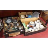 Three boxes of miscellaneous items, to include biscuit barrel and cover, Torquay pottery jug,