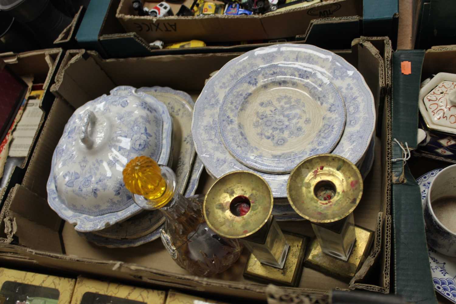 Four boxes of miscellaneous items, to include a pair of brass candlesticks, cut glass decanters - Image 4 of 5