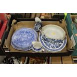 A box of miscellaneous china, to include a Victorian blue and white meat dish transfer decorated