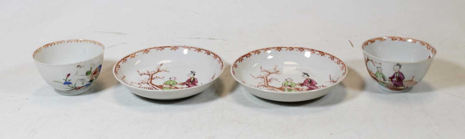 A pair of 19th century Chinese Famille Rose tea bowls and saucers, each decorated with figures, dia.