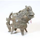 A reproduction Chinese bronzed zoomorphic censor standing on four splayed legs, each decorated