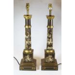 A pair of reproduction turned wood table lamps in the form of Doric columns, each with chinoiserie