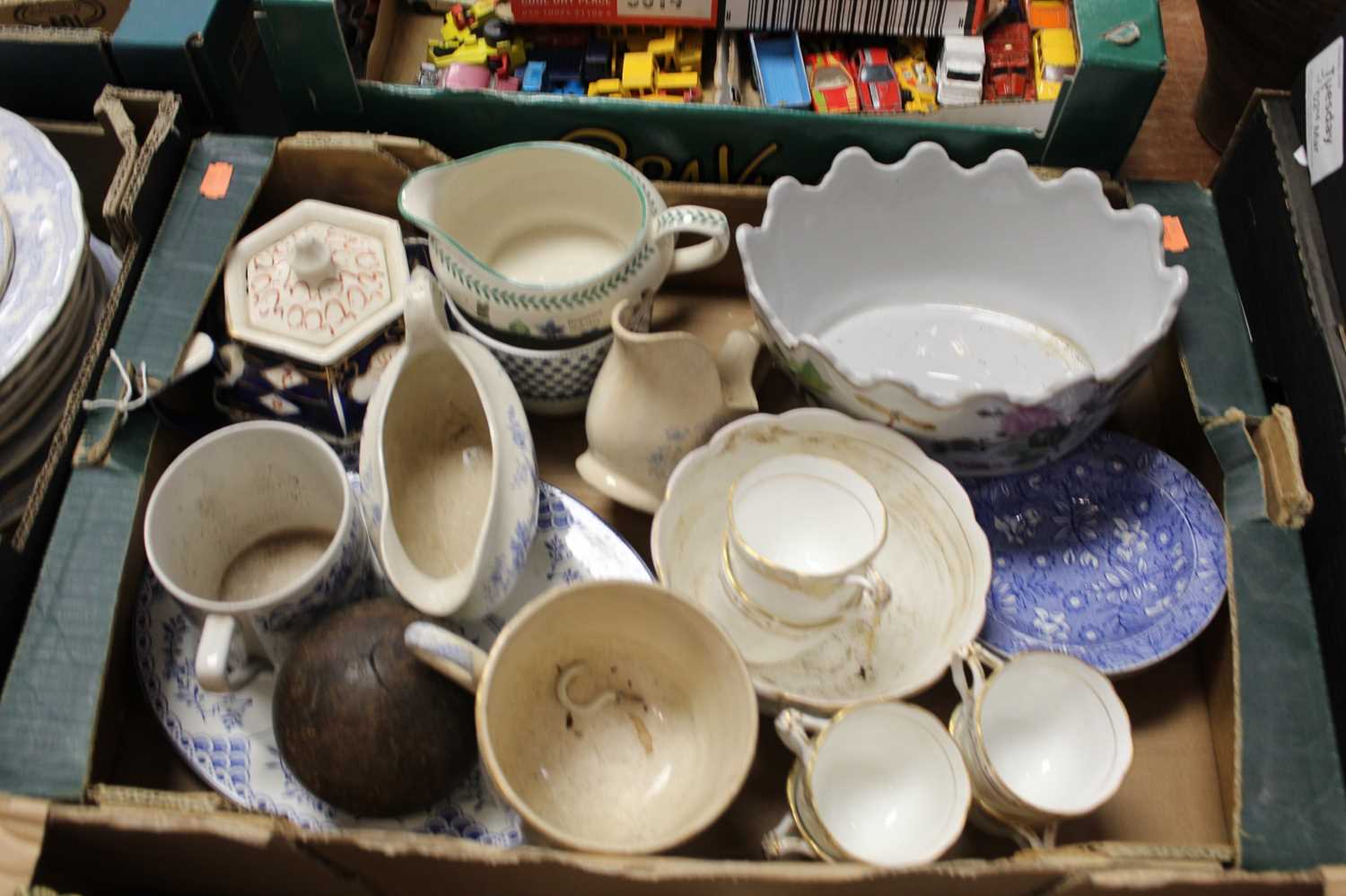 Four boxes of miscellaneous items, to include a pair of brass candlesticks, cut glass decanters - Image 3 of 5