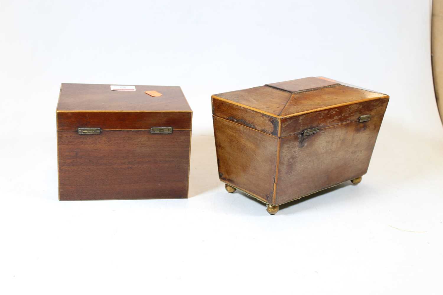 A Regency mahogany and boxwood strung tea caddy, of sarcophagus form, with brass escutcheon, the lid - Image 2 of 2