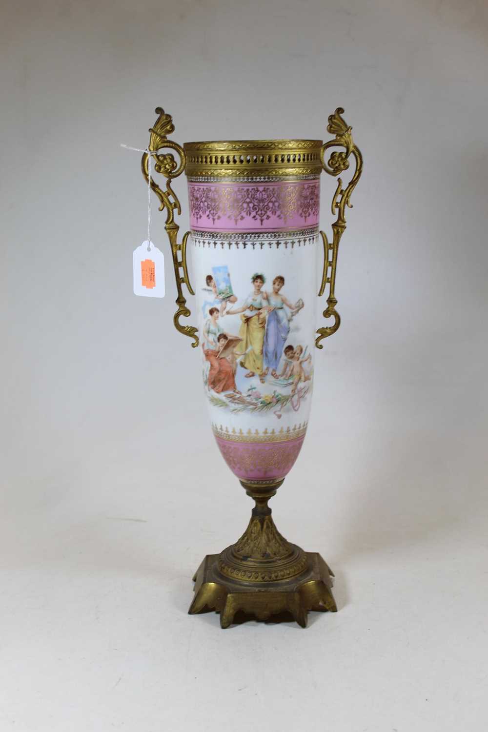 A circa 1900 Continental porcelain and gilt metal mounted urn, decorated with allegorical scenes, - Image 2 of 6