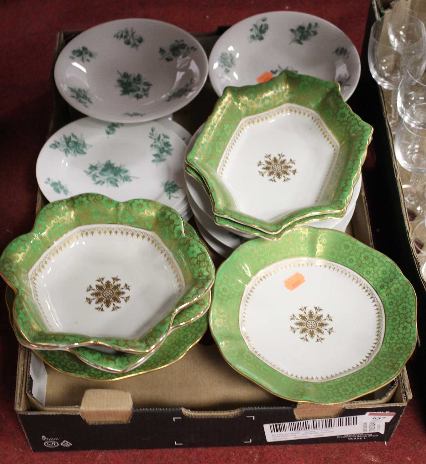An Ashwok Brothers ironstone part dessert service, on a white ground with green borders,