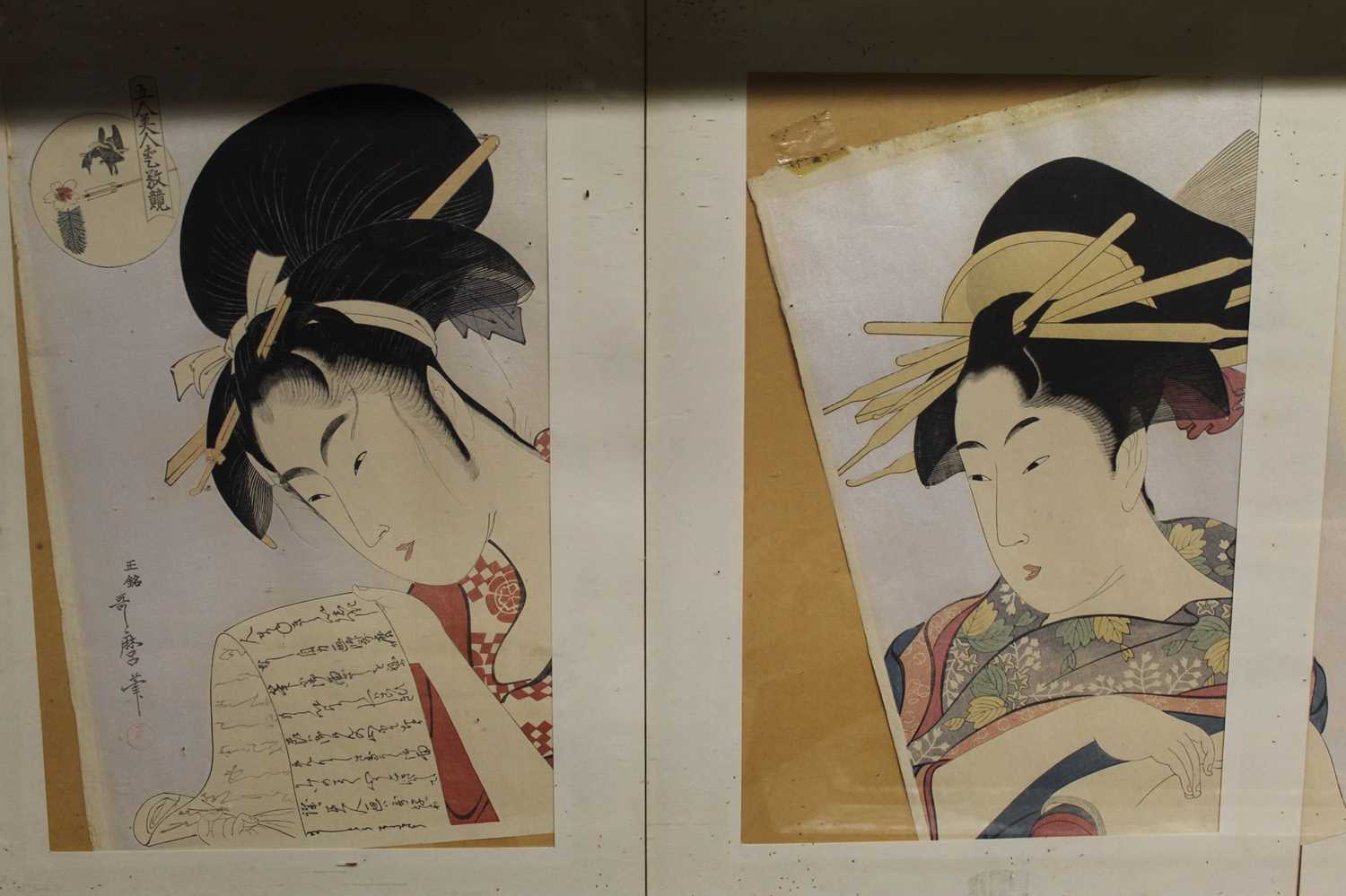 A Japanese triptych of portrait wood block prints, signed and with studio seals, 38x24cm; and one - Image 4 of 5