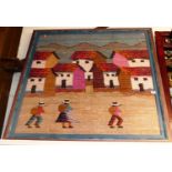 A large feltwork picture depicting a Central American theme, 90x90cm, in modern glazed frame