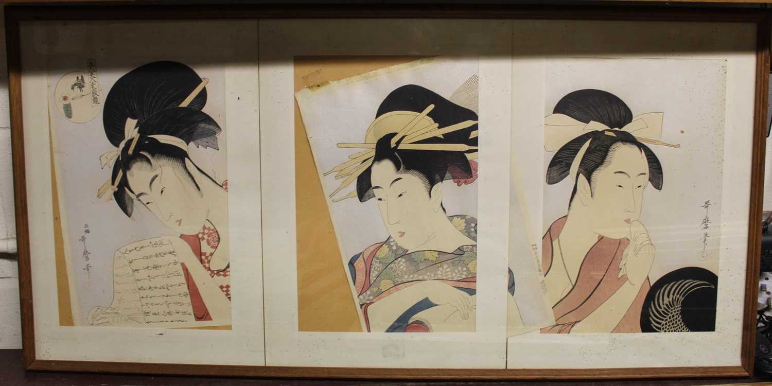 A Japanese triptych of portrait wood block prints, signed and with studio seals, 38x24cm; and one - Image 3 of 5