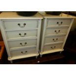 A pair of contemporary white painted round cornered four drawer bedside chests, on turned squat