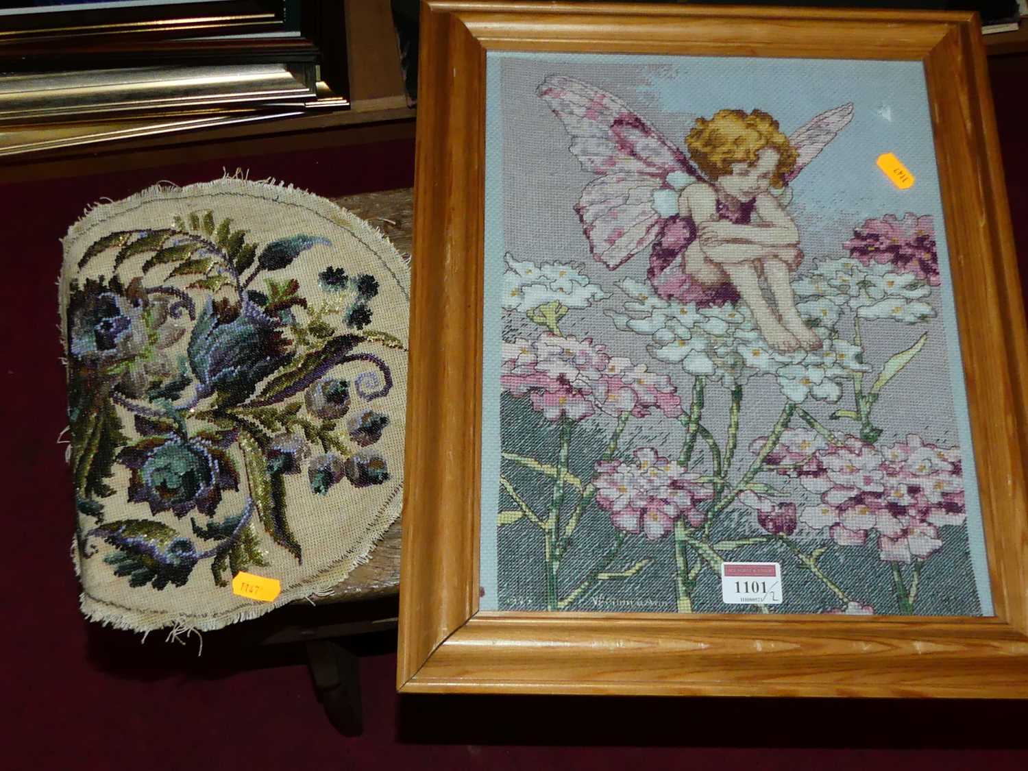 A Berlin beadwork circular panel, dia. 25cm, together with a modern framed needlepoint (2)