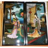 A pair of Chinese reverse paintings on glass, each of a maiden on a terrace, 60x26cm, in ebonised