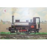 Framed and un-glazed landscape oil painting of GER Tank Loco No.226 by R.E.Hillard 2005, in a simple
