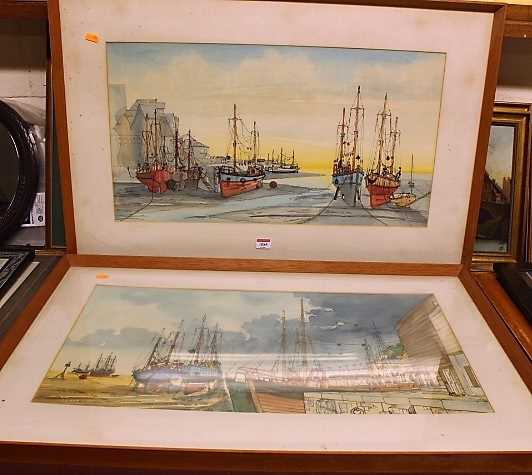 Llewellyn Petley-Jones (1908-1986) - Pair; Fishing boats on the estuary banks at lowtide,