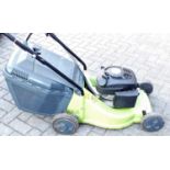 An SV150 petrol driven rotary lawn mower, with grass collecting box