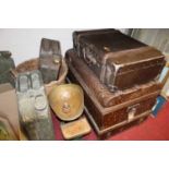 Mixed lot to include three jerry cans, pan scale, tin trunk, leather capped suitcase etc