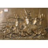 A bronzed composition plaque featuring medieval soldiers going into battle, 28x48cm, framed