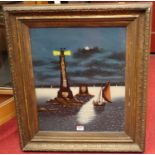 A set of three early 20th century reverse paintings on glass, each depicting moonlit coastal scenes,
