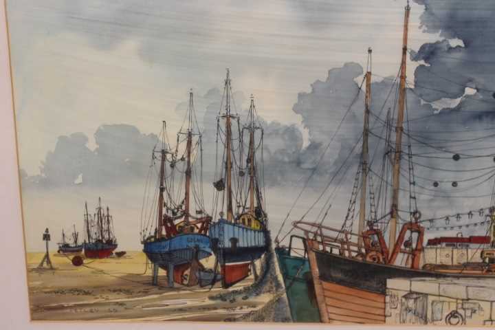 Llewellyn Petley-Jones (1908-1986) - Pair; Fishing boats on the estuary banks at lowtide, - Image 7 of 9