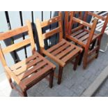 A set of four Lister slatted teak garden side chairs, labelled