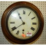 A circa 1900 walnut cased circular dial wall clock, unsigned dial, with single winding hole for an
