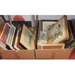 Two boxes of assorted pictures and prints, together with larger framed prints, brass rubbings,