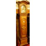An antique French joined oak longcase clock, 19th century and later, having an arched brass dial (