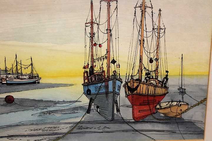 Llewellyn Petley-Jones (1908-1986) - Pair; Fishing boats on the estuary banks at lowtide, - Image 4 of 9