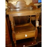 A Victorian stained pine three-quarter gallery backed two-tier single drawer washstand, w.62cm