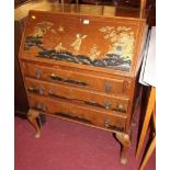 A 1930s walnut and chinoiserie decorated slopefront three drawer writing bureau, on hipped