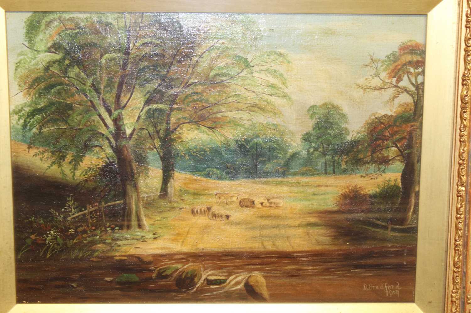 B Bradford - Sheep in a landscape, pair, oil on canvas, each signed and dated lower right 1909, - Image 4 of 7