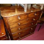 A Victorian mahogany round cornered chest of two short over four long graduated drawers (some losses