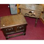 A 19th century rustic oak joint stool, w.50cm; together with small linenfold panelled hinge top box,