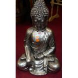 A contemporary silvered ceramic model of a seated Buddha, h.52cm
