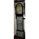 A circa 1800 mahogany and later floral decoupage decorated long case clock, having a painted arch