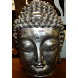 A contemporary silvered ceramic model head of Buddha, height 42cm