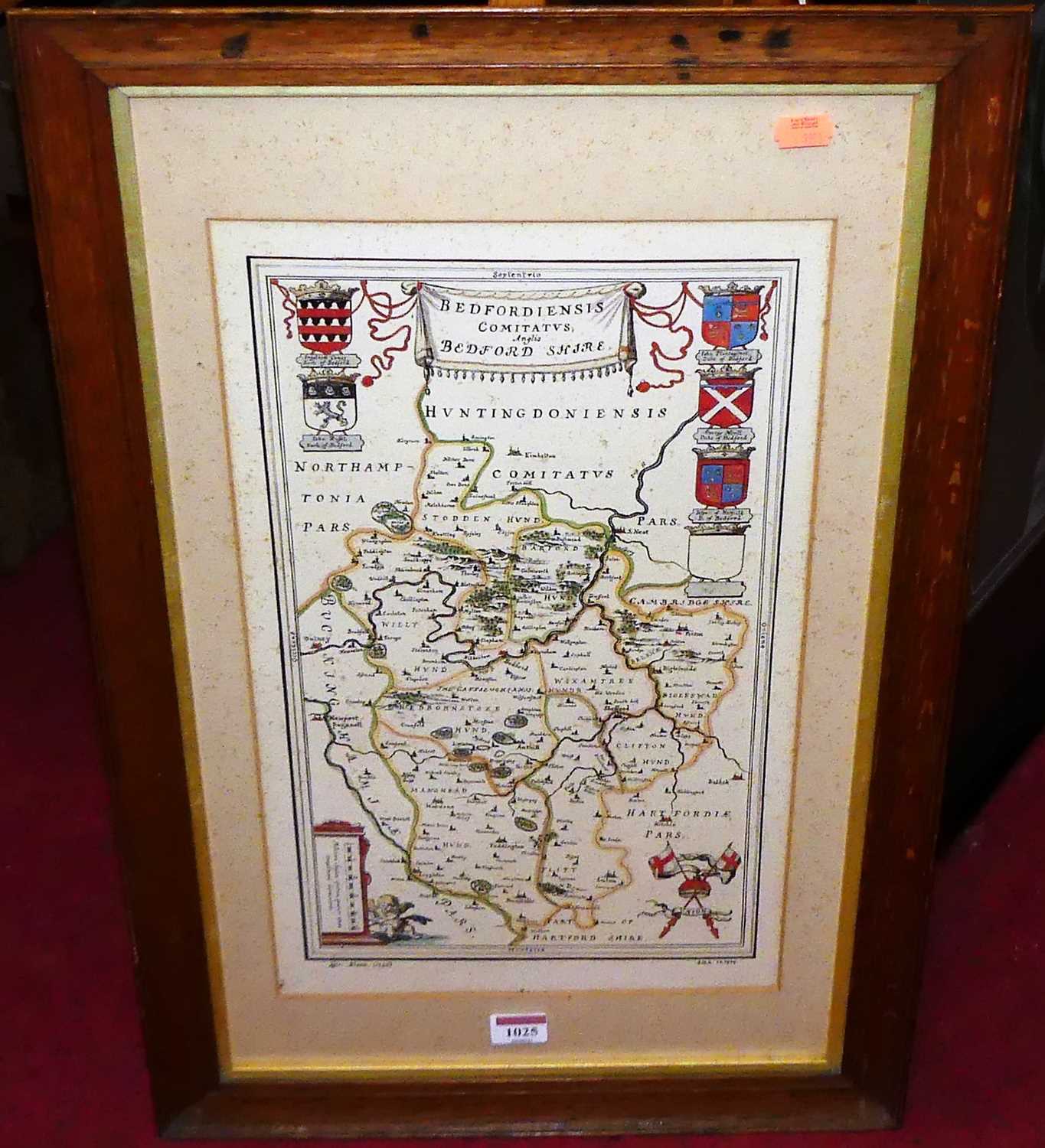 After Bleau - Bedfordshire engraved county map, 42x24cm