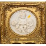 A reproduction printed porcelain plaque depicting fairy scene, in heavy gilt frame, together with