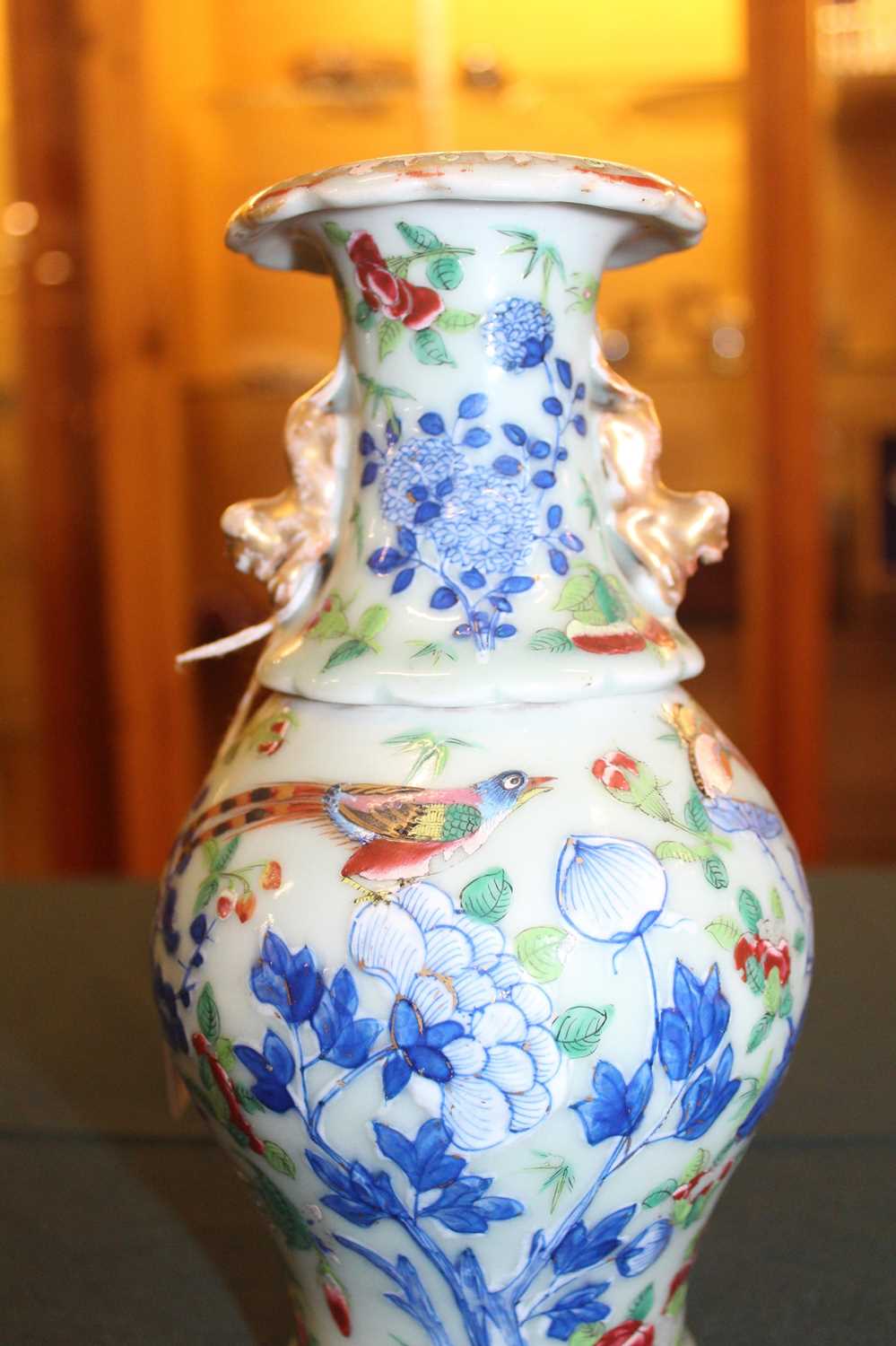 A pair of 19th century Chinese stoneware celadon ground vases, each enamel decorated with exotic - Image 19 of 24