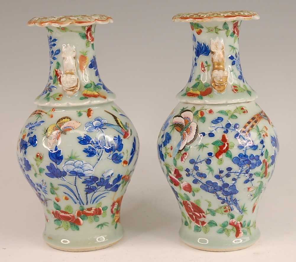 A pair of 19th century Chinese stoneware celadon ground vases, each enamel decorated with exotic - Image 4 of 24