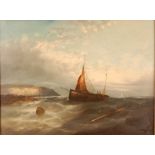 Late 19th century school - Fishing boats in trouble off the coastline, oil on canvas, indistinctly