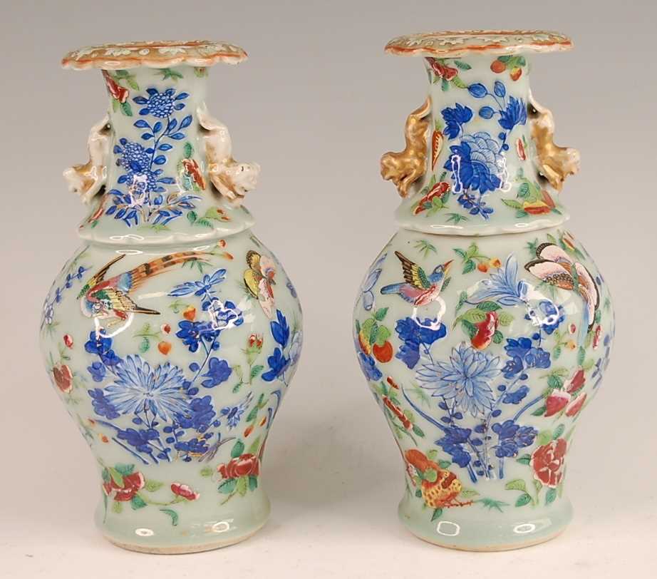 A pair of 19th century Chinese stoneware celadon ground vases, each enamel decorated with exotic - Image 3 of 24