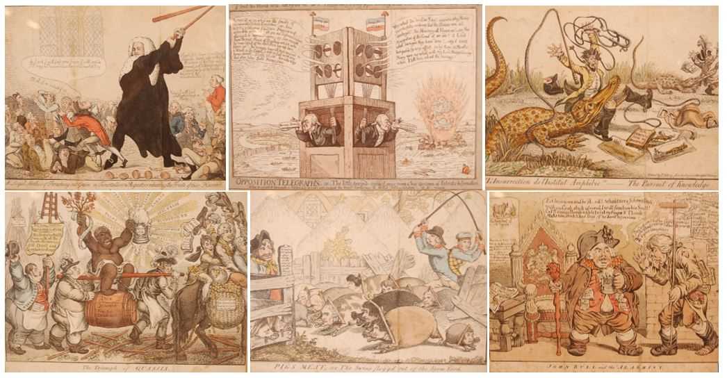 Six late French Revolution era British satirical hand-coloured etchings framed as two triptychs,