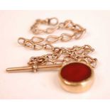 A 9ct gold graduated oval curblink watch chain, with T bar, having 15ct gold and agate set