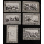 A collection of six 19th century ink on card miniatures with perforated borders, five being