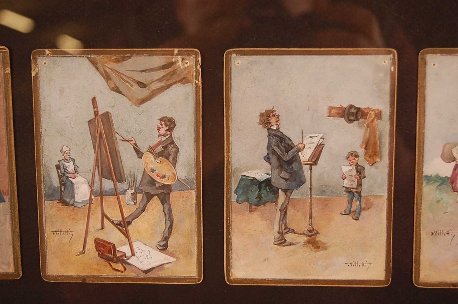 F. Villetti (Italian 19th century) - a set of eighteen humorous watercolours on card, each with gilt - Image 4 of 11