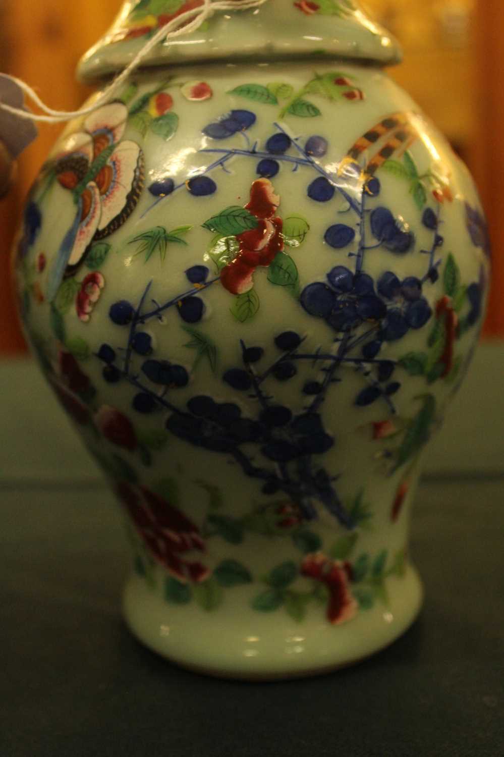 A pair of 19th century Chinese stoneware celadon ground vases, each enamel decorated with exotic - Image 22 of 24