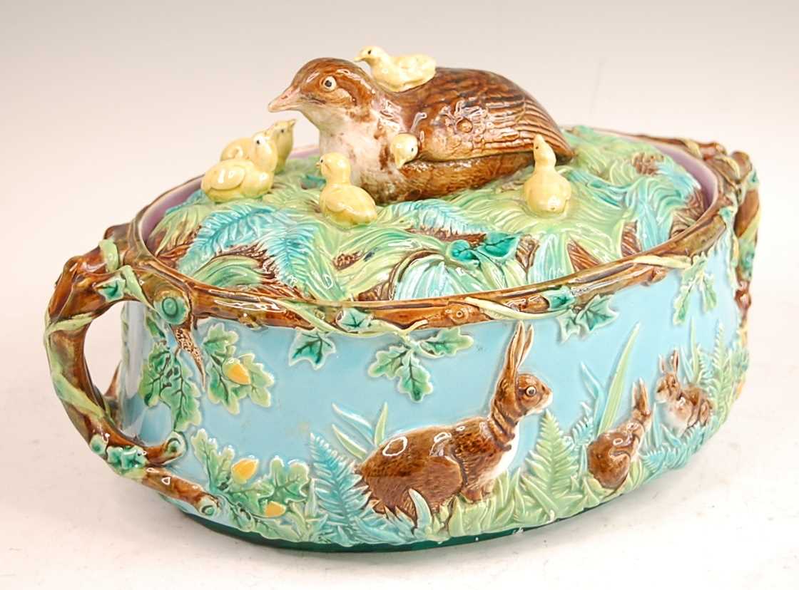 A Victorian George Jones majolica two-handled oval game pie tureen and cover, the cover decorated